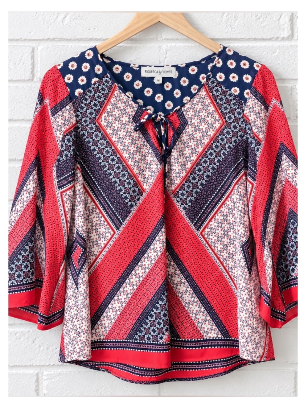 FIGUEROA AND FLOWER 3/4 Bell Sleeve Tie Front Top in Patchwork Print-Red/Blue MP